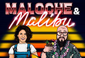 Comicartig gestaltetes Bild der Podcast-Gestaltenden Verena und Christoph mit dem Schriftzug "Maloche und Malibu"